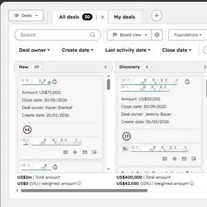Screenshot of HubSpot CRM showing the deals dashboard
